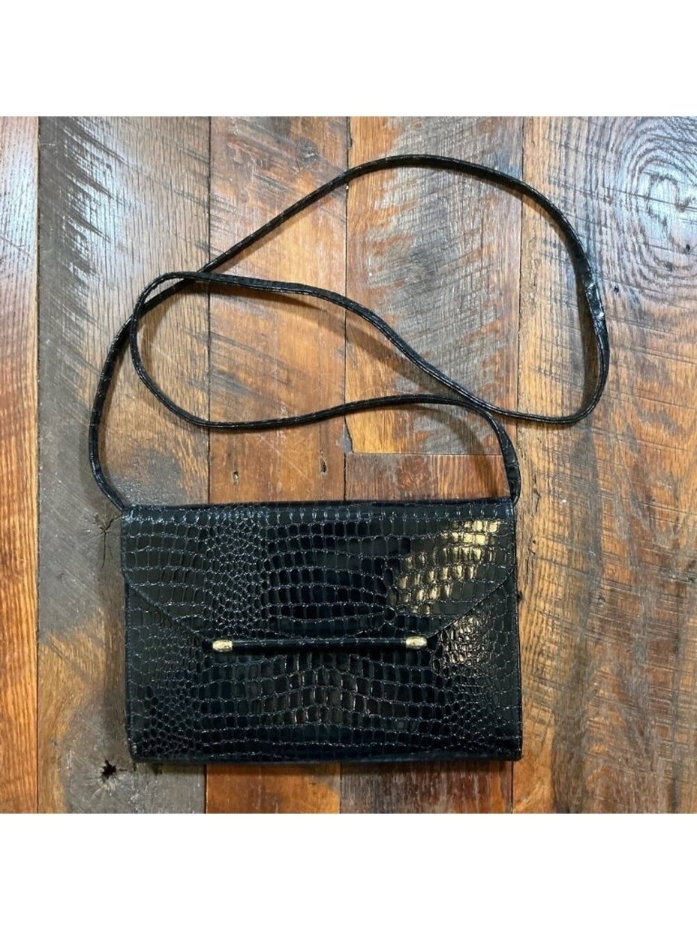 Vintage Black Croc Embossed Shoulder Bag Clutch Crossbody Convertible